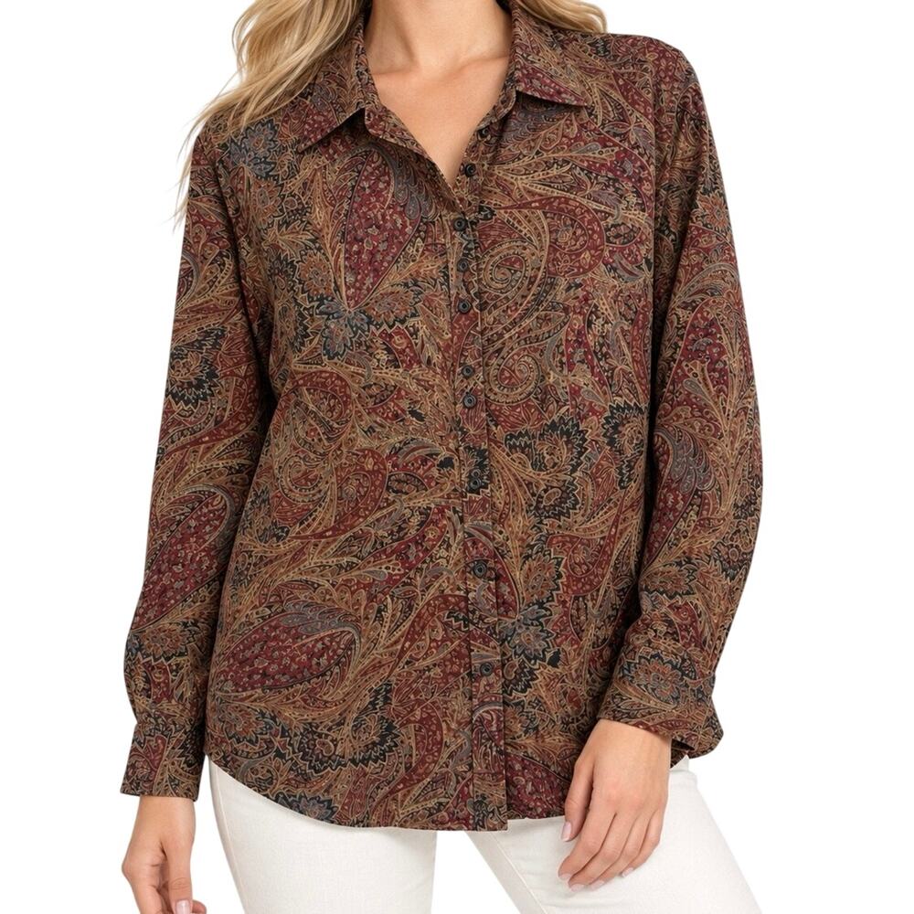 CHAPS By Ralph Lauren 1X Brown Paisley Long Sleeve Fall Winter Blouse Shirt Top